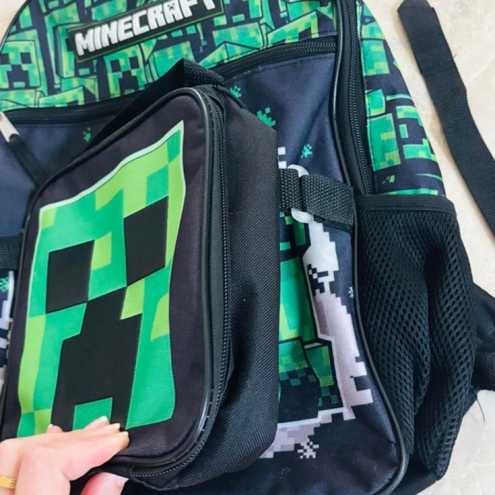 Minecraft Creeper Backpack and Lunchbox Set Green Pixelated Gaming Kids Bag